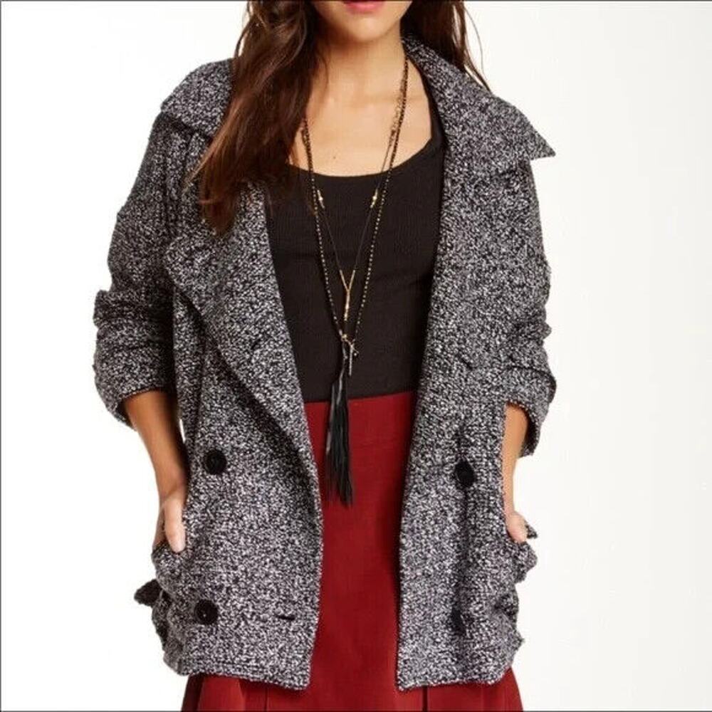 Free People Slouchy Boho Coat Utility Moto Jacket Marled Black Belted Size Small